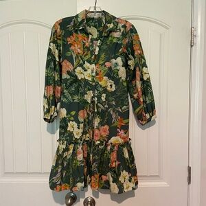 Cara Cara Green Print, Drawstring waist, Long-sleeve, 100% Cotton Mini-Dress